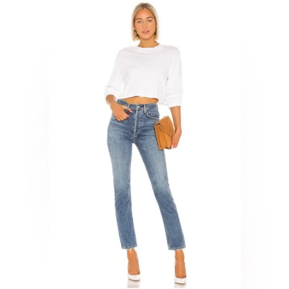 Agolde Riley High Rise Straight Crop Stretch Skinny Button Fly Denim Jeans 24 - Picture 3 of 15